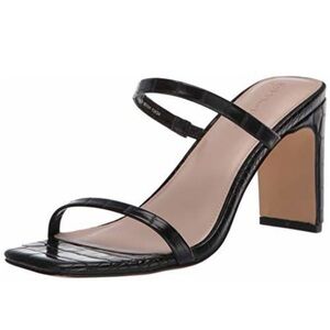 The Drop Avery Black Square Toe Two Strap Heeled Sandals